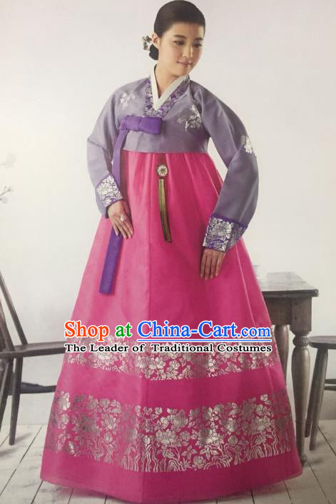 Traditional South Korean Handmade Hanbok Customization Mother Clothing Embroidery Purple Blouse Pink Dress, Top Grade Korea Wedding Royal Hanbok Costume for Women