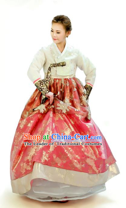 Traditional South Korean Handmade Hanbok Customization Bride Clothing Embroidery Blouse Red Dress, Top Grade Korea Wedding Royal Hanbok Costume for Women