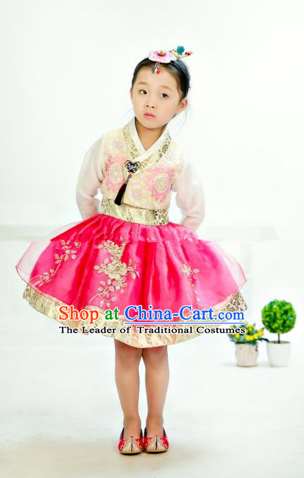 Traditional South Korean Handmade Hanbok Children Embroidery Birthday Rosy Bubble Dress, Top Grade Korea Hanbok Costume Complete Set for Kids