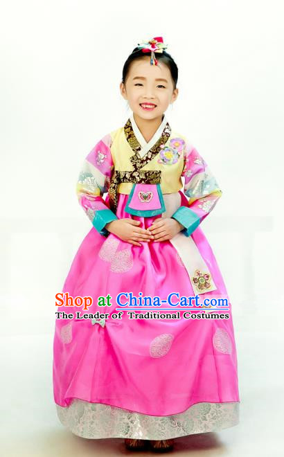 Traditional South Korean Handmade Hanbok Children Embroidery Birthday Pink Dress, Top Grade Korea Hanbok Costume Complete Set for Kids
