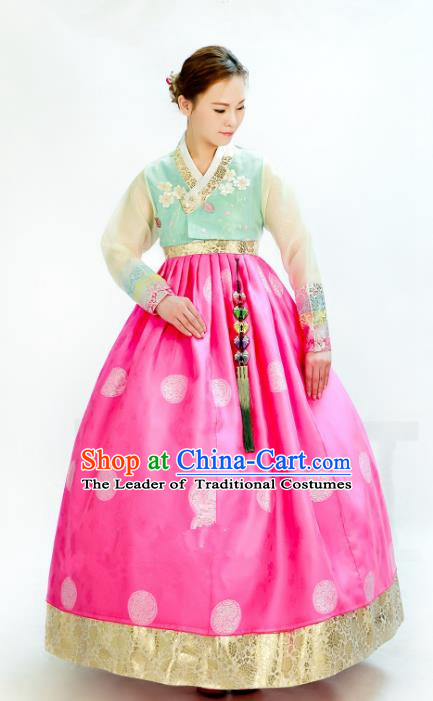 Traditional South Korean Handmade Hanbok Embroidery Wedding Pink Dress, Top Grade Korea Hanbok Bride Royal Costume Complete Set for Women