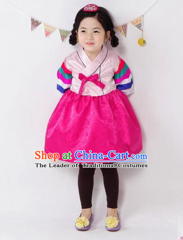 Traditional South Korean Handmade Hanbok Children Pink Birthday Dress, Top Grade Korea Hanbok Costume Complete Set for Kids