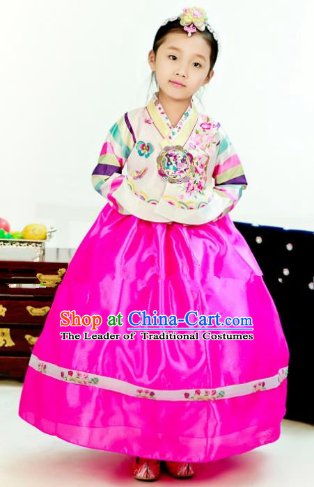 Traditional South Korean Handmade Hanbok Children Birthday Embroidery Beige Blouse Rosy Dress, Top Grade Korea Hanbok Costume Complete Set for Girls