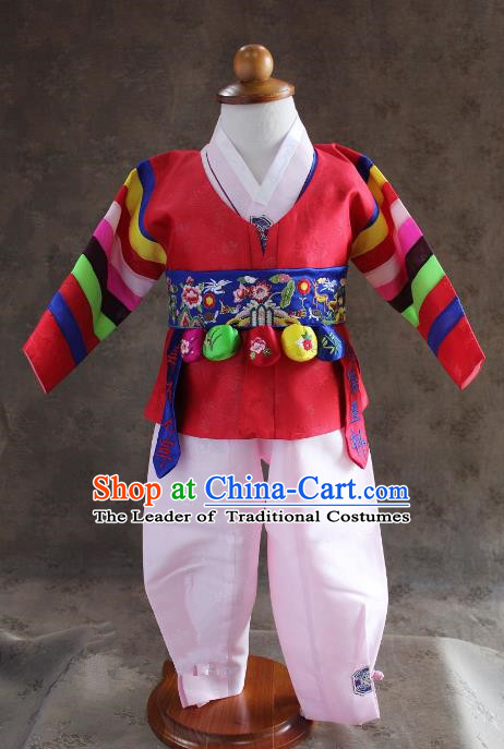 Traditional South Korean Handmade Hanbok Children Baby Birthday Customization Red Clothing and Embroidery Belt, Top Grade Korea Hanbok Costume Complete Set for Boys