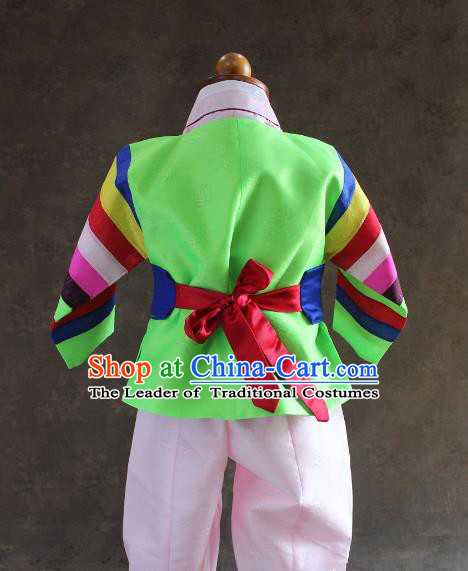 Traditional South Korean Handmade Hanbok Children Baby Birthday Customization Green Clothing and Embroidery Belt, Top Grade Korea Hanbok Costume Complete Set for Boys