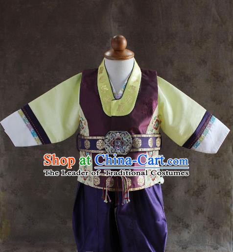 Traditional South Korean Handmade Hanbok Children Baby Birthday Customization Embroidery Purple Clothing, Top Grade Korea Hanbok Costume Complete Set for Boys