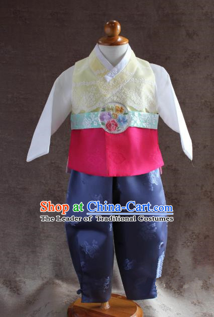 Traditional South Korean Handmade Hanbok Children Little Boys Birthday Customization Embroidery Belt Clothing Complete Set, Top Grade Korea Hanbok Costume for Kids