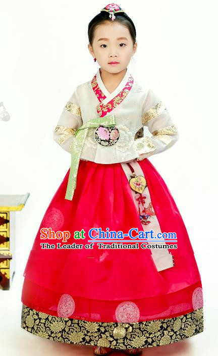 Traditional South Korean Handmade Hanbok Children Little Girls Birthday Customization Embroidery White Blouse and Dress Complete Set, Top Grade Korea Hanbok Costume for Kids