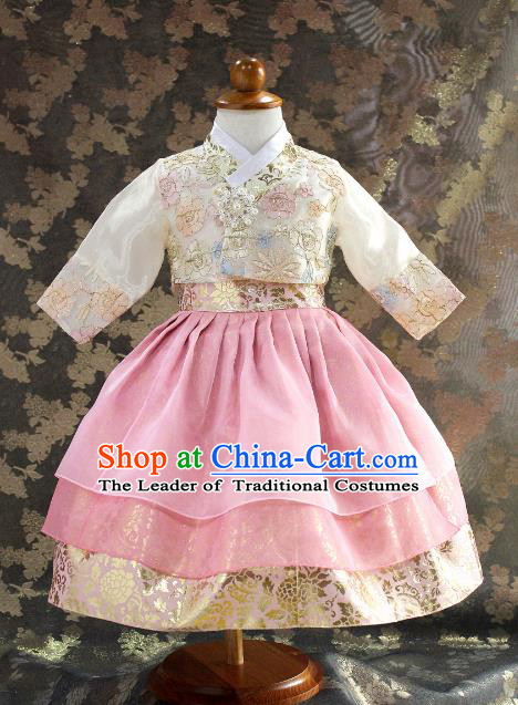 Traditional South Korean Handmade Hanbok Children Little Princess Pink Dress Birthday Customization Embroidery Clothing, Top Grade Korea Royal Hanbok Costume for Kids