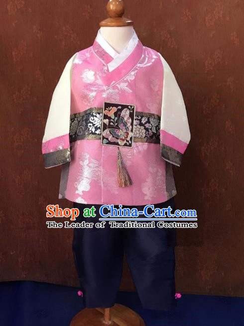 Traditional South Korean Handmade Hanbok Children Baby Birthday Customization Pink Clothing, Top Grade Korea Hanbok Costume Complete Set for Boys