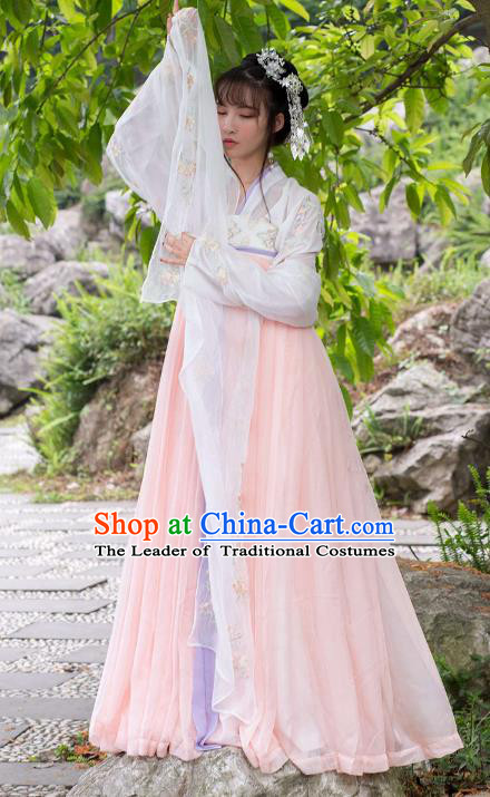 Traditional Ancient Chinese Tang Dynasty Palace Lady Embroidered Costume Blouse and Slip Skirt Complete Set, Elegant Hanfu Clothing Chinese Imperial Princess Dress Clothing for Women