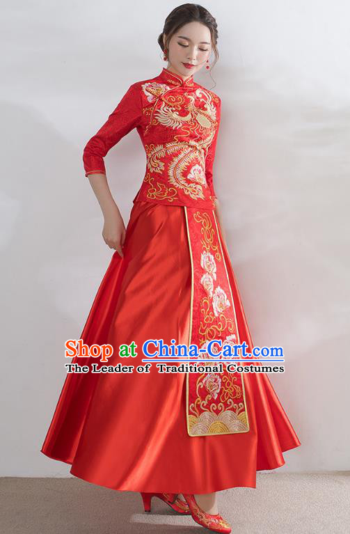 Traditional Ancient Chinese Wedding Costume Handmade Embroidery Peony Satin Xiuhe Suits, Chinese Style Wedding Dress Red Embroidery Dragon and Phoenix Flown Bride Toast Cheongsam for Women