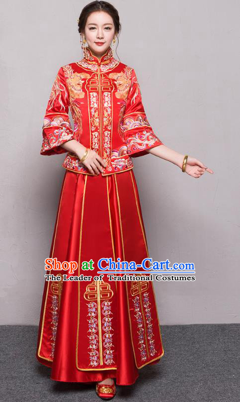 Traditional Ancient Chinese Wedding Costume Handmade Delicacy Embroidery Phoenix Peony Red XiuHe Suits, Chinese Style Hanfu Wedding Bride Toast Cheongsam for Women