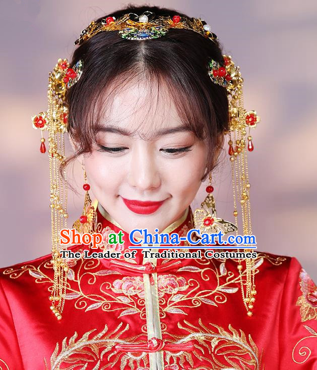 Traditional Handmade Chinese Ancient Classical Hair Accessories Complete Set Bride Wedding Tassel Barrettes Hair Comb, Xiuhe Suit Hair Jewellery Hair Fascinators Hairpins for Women