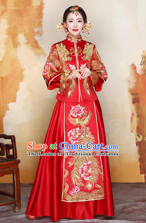 Traditional Ancient Chinese Wedding Costume Handmade Delicacy XiuHe Suits Embroidery Phoenix Bottom Drawer, Chinese Style Hanfu Wedding Bride Toast Cheongsam for Women