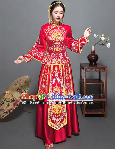 Traditional Ancient Chinese Wedding Costume Handmade Delicacy XiuHe Suits Embroidery Palace Bottom Drawer Cheongsam Dress, Chinese Style Hanfu Wedding Bride Hanfu Clothing for Women