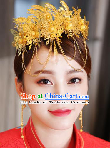 Traditional Handmade Chinese Ancient Classical Hair Accessories Bride Wedding Barrettes Golden Phoenix Coronet, Xiuhe Suit Hair Jewellery Hair Fascinators Hairpins for Women