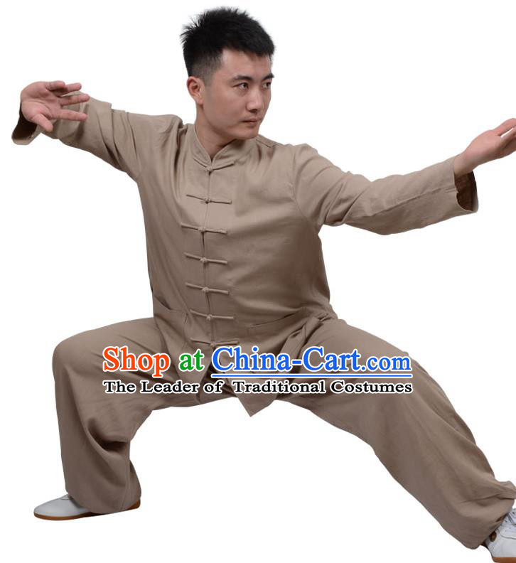 Top Kung Fu Linen Costume Martial Arts Costume Kung Fu Training Clothing, Tai Ji Plated Buttons Brown Uniform Gongfu Wushu Clothing for Women for Men