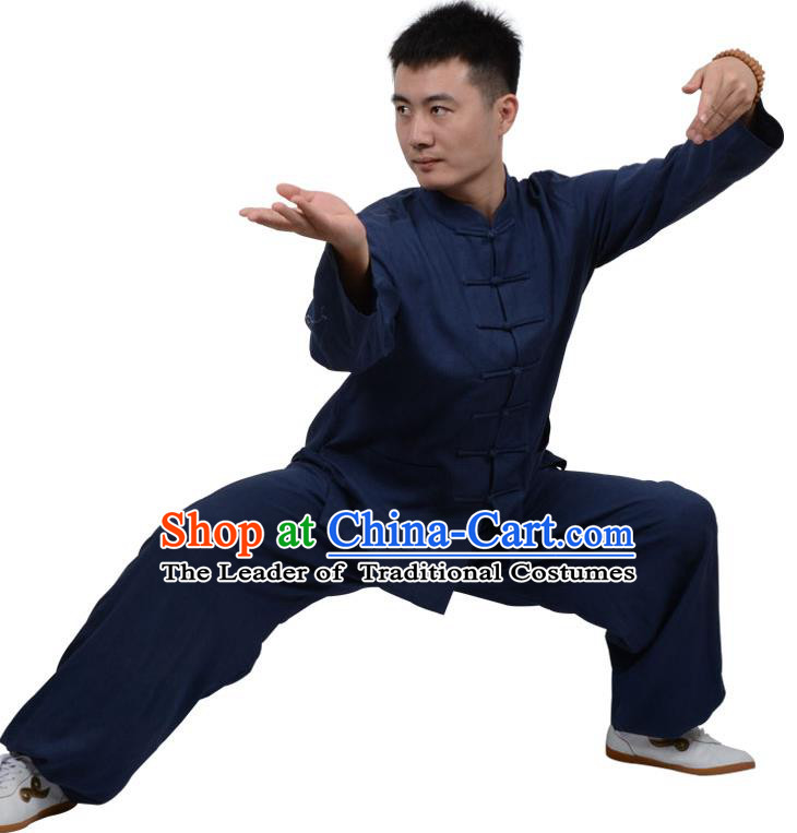 Top Kung Fu Linen Costume Martial Arts Costume Kung Fu Training Clothing, Tai Ji Plated Buttons Navy Uniform Gongfu Wushu Clothing for Women for Men