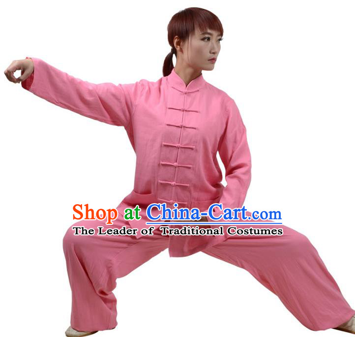 Top Kung Fu Linen Costume Martial Arts Costume Kung Fu Training Clothing, Tai Ji Plated Buttons Peach Pink Uniform Gongfu Wushu Clothing for Women for Men