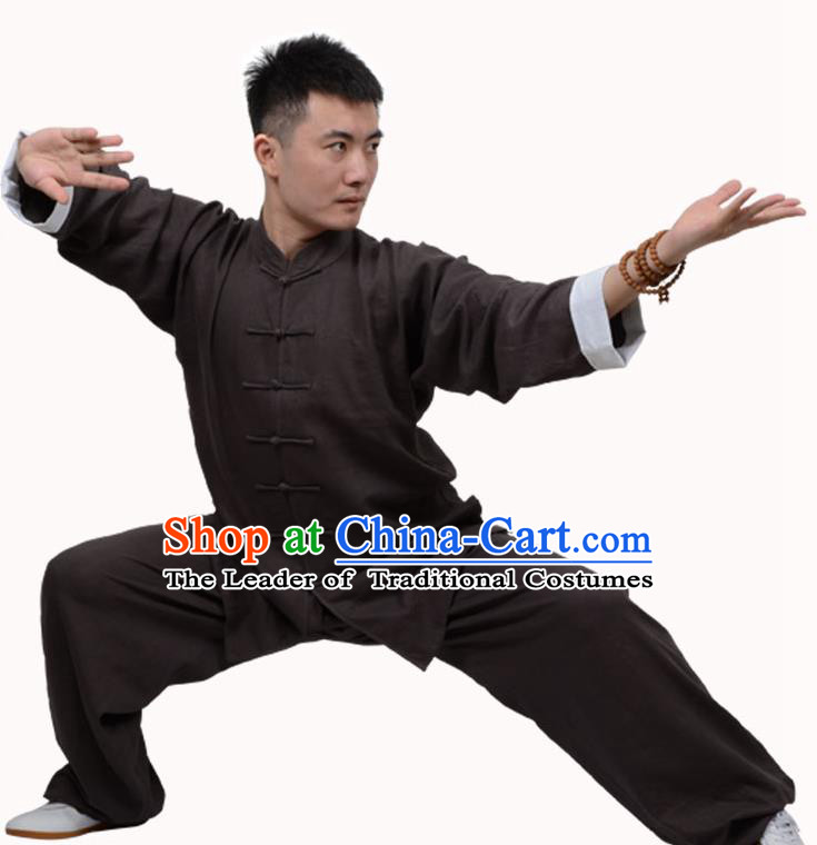 Top Martial Arts Costume Kung Fu Training Clothing, Tai Ji Plated Buttons Brown Uniform Gongfu Wushu Costume  for Women for Men