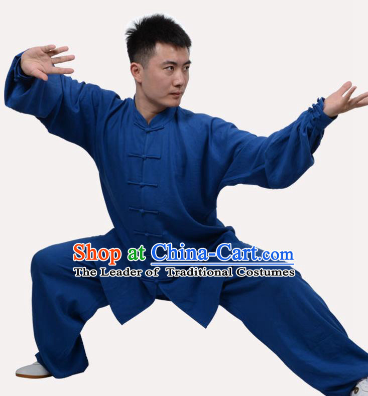 Top Grade Linen Martial Arts Costume Kung Fu Training Clothing, Tai Ji Embroidery Deep Blue Uniform Gongfu Wushu Costume for Women for Men