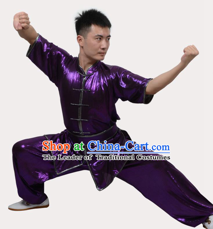 Top Grade Linen Martial Arts Costume Kung Fu Training Plated Buttons Clothing, Tai Ji Southern Fist Purple Uniform Gongfu Wushu Costume for Women for Men