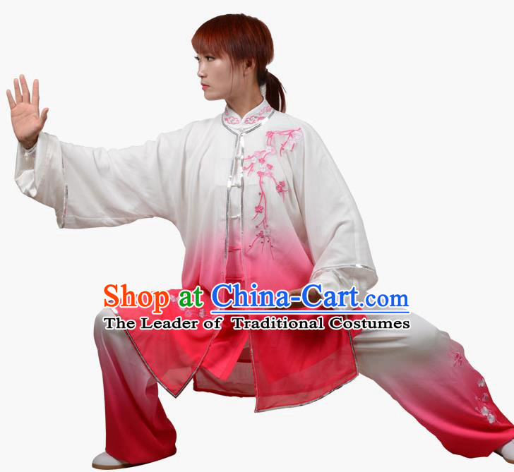 Top Grade Linen Martial Arts Costume Kung Fu Training Embroidered Plum Blossom Clothing, Tai Ji Southern Fist Pink Three-piece Uniform Gongfu Wushu Costume for Women for Men