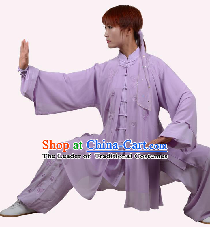 Top Grade Linen Martial Arts Costume Kung Fu Training Embroidery Plated Buttons Clothing, Tai Ji Purple Uniform Gongfu Wushu Costume for Women for Men