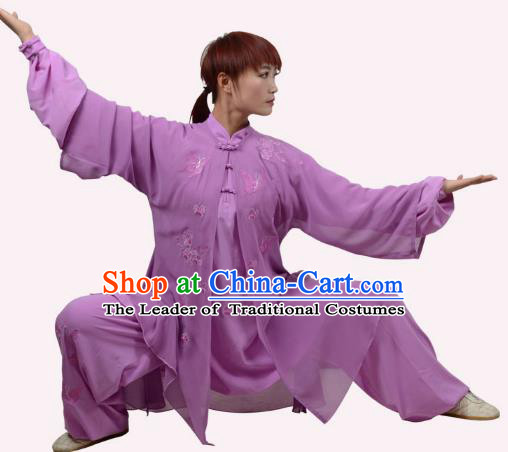 Top Grade Linen Martial Arts Costume Kung Fu Training Embroidery Plated Buttons Clothing, Tai Ji Deep Purple Uniform Gongfu Wushu Costume for Women for Men