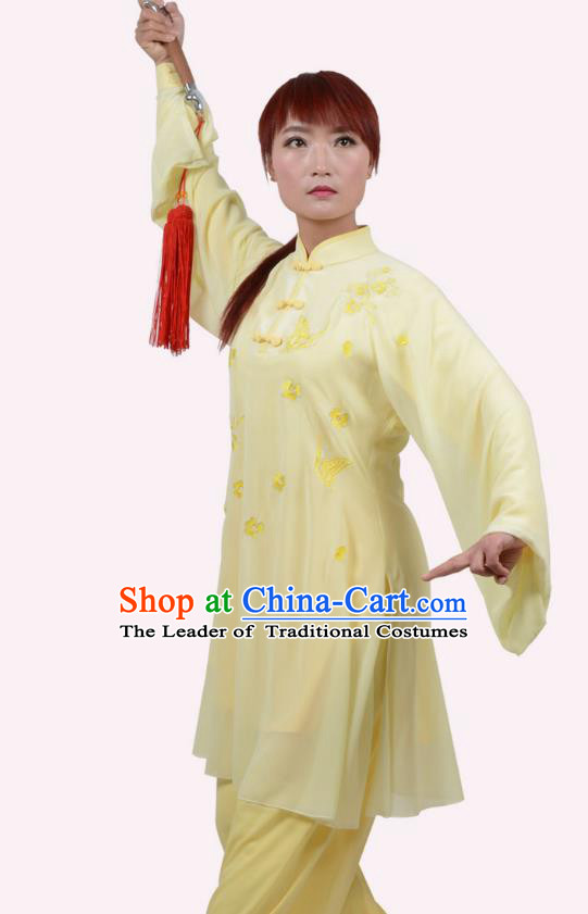 Top Grade Linen Martial Arts Costume Kung Fu Training Embroidery Plated Buttons Clothing, Tai Ji Yellow Uniform Gongfu Wushu Costume for Women for Men