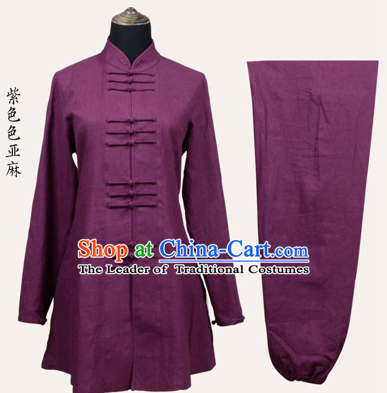 Top Grade Linen Martial Arts Costume Kung Fu Training Front Opening Plated Buttons Clothing, Tai Ji Purple Uniform Gongfu Wushu Costume for Women for Men