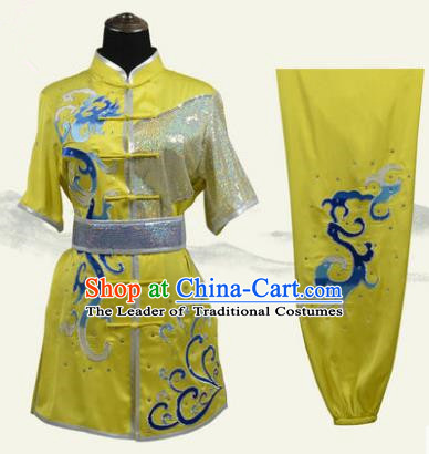 Top Grade Martial Arts Costume Kung Fu Training Clothing, Tai Ji Embroidery Long Fist Yellow Uniform Gongfu Wushu Costume for Women for Men