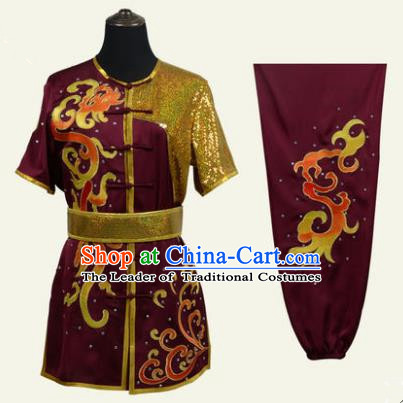 Top Grade Martial Arts Costume Kung Fu Training Clothing, Tai Ji Embroidery Long Fist Dark Red Uniform Gongfu Wushu Costume for Women for Men