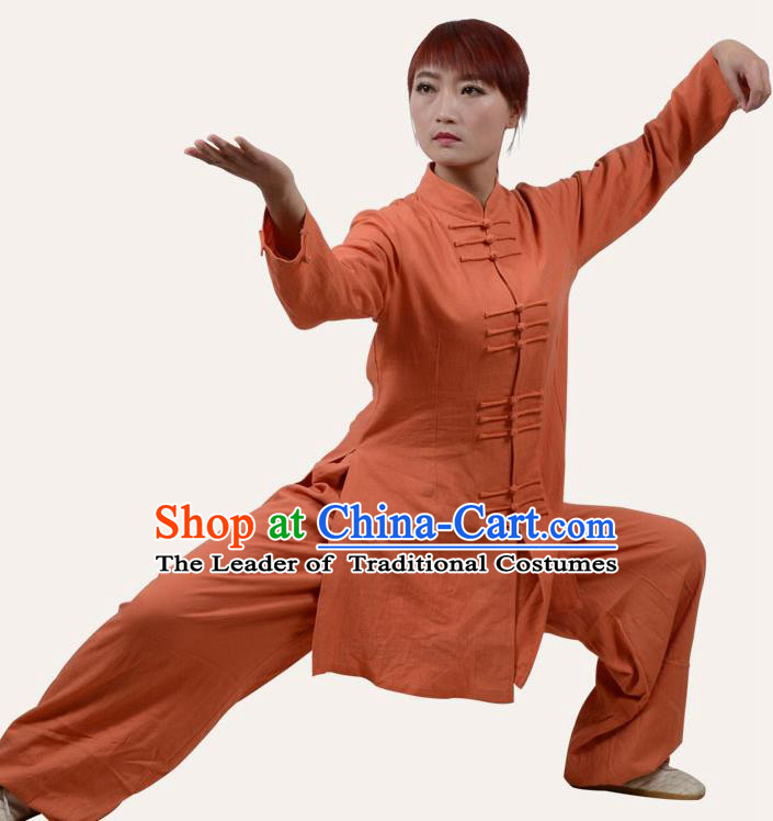 Top Grade Linen Martial Arts Costume Kung Fu Training Front Opening Plated Buttons Clothing, Tai Ji Orange Uniform Gongfu Wushu Costume for Women for Men