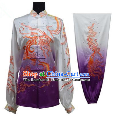 Top Grade Martial Arts Costume Kung Fu Training Gradient Purple Clothing, Tai Ji Embroidery Dragon Long Fist Uniform Gongfu Wushu Costume for Women for Men