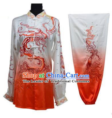 Top Grade Martial Arts Costume Kung Fu Training Gradient Red Clothing, Tai Ji Embroidery Dragon Long Fist Uniform Gongfu Wushu Costume for Women for Men