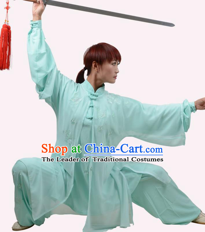 Top Grade Linen Martial Arts Costume Kung Fu Training Embroidery Plated Buttons Clothing, Tai Ji Green Uniform Gongfu Wushu Costume for Women for Men