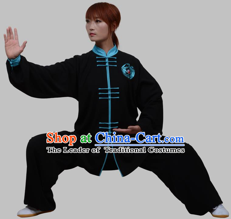 Top Grade China Martial Arts Costume Kung Fu Training Blue Plated Buttons Clothing, Chinese Embroidery Tai Ji Black Uniform Gongfu Wushu Costume for Women for Men