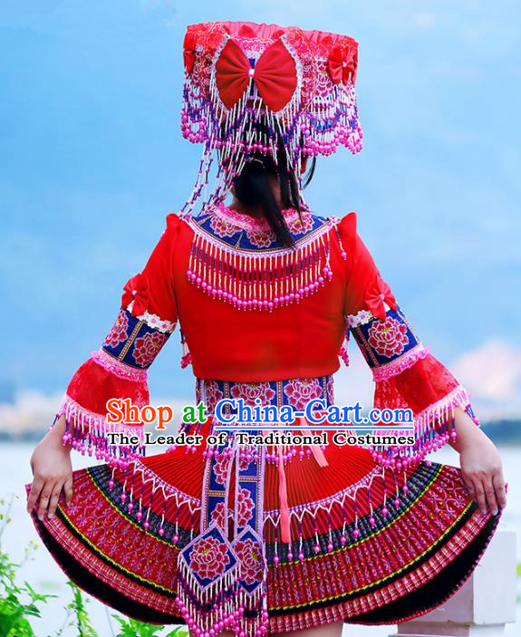 Traditional Chinese Miao Nationality Dancing Costume Hmong Female Folk Dance Ethnic Pleated Skirt Chinese Minority Nationality Embroidery Costume for Women
