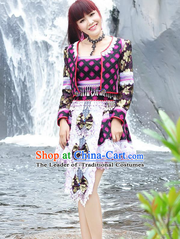 Traditional Chinese Miao Nationality Dancing Costume Hmong Female Folk Dance Ethnic Pleated Skirt Chinese Minority Nationality Embroidery Costume for Women