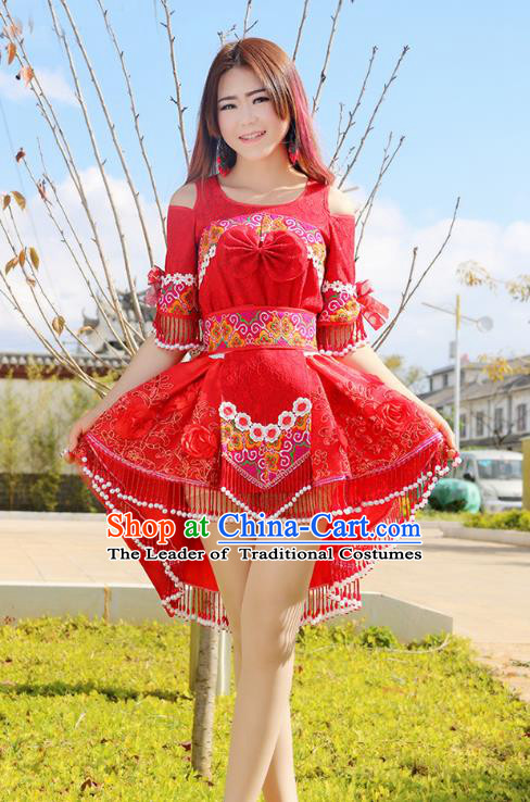 Traditional Chinese Miao Nationality Wedding Bride Costume Embroidered Red Pleated Skirt, Hmong Folk Dance Ethnic Chinese Minority Nationality Embroidery Clothing for Women