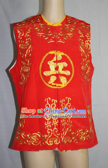 Traditional China Beijing Opera Takefu Vest Costume, Ancient Chinese Peking Opera Wu-Sheng Warrior Embroidery Red Clothing