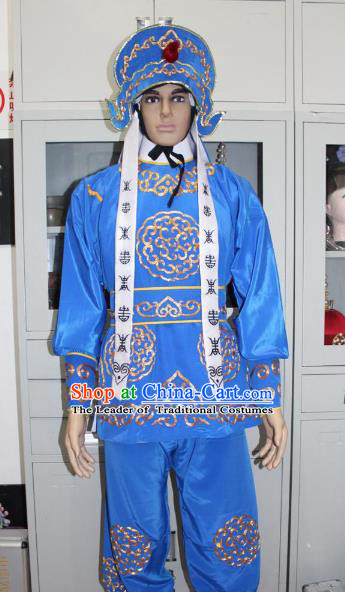 Traditional China Beijing Opera Takefu General Costume, Ancient Chinese Peking Opera Wu-Sheng Warrior Embroidery Blue Clothing