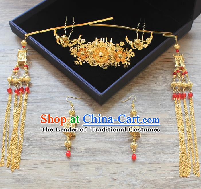 Traditional Handmade Chinese Ancient Classical Hair Accessories Barrettes Xiuhe Suit Hairpin, Flowers Long Tassel Headdress, Hanfu Hair Fascinators for Women