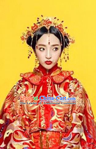 Traditional Handmade Chinese Ancient Classical Hair Accessories Barrettes Xiuhe Suit Phoenix Coronet Complete Set, Tassel Step Shake Hanfu Hair Fascinators for Women