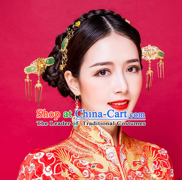 Traditional Handmade Chinese Ancient Classical Hair Accessories Barrettes Xiuhe Suit Green Jade Hairpins Complete Set, Tassel Step Shake Hanfu Hair Fascinators for Women