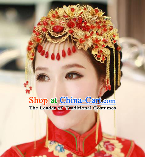 Traditional Handmade Chinese Ancient Classical Hair Accessories Barrettes Xiuhe Suit Cheongsam Red Flowers Tassel Phoenix Coronet, Hanfu Hairpins Hair Fascinators for Women