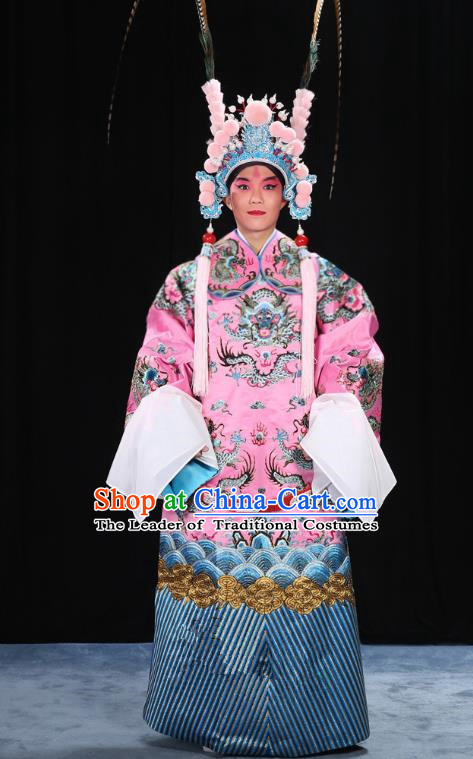 Top Grade Professional Beijing Opera Emperor Costume General Pink Embroidered Robe and Belts, Traditional Ancient Chinese Peking Opera Royal Highness Embroidery Dragons Clothing