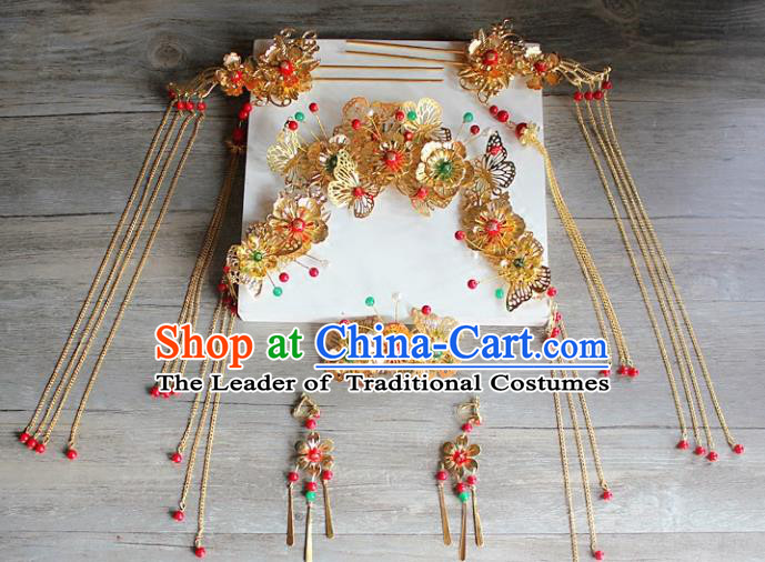 Traditional Handmade Chinese Ancient Classical Hair Accessories Xiuhe Suit Cheongsam Golden Butterfly Phoenix Coronet, Hanfu Hairpins Hair Fascinators for Women